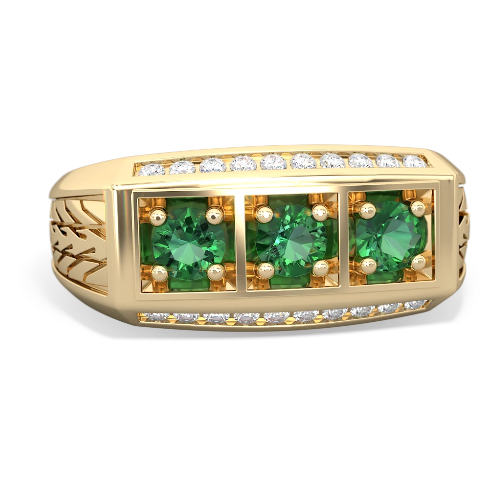 Lab Emerald Three Stone Tire Tread Men's 14K Yellow Gold ring R0520