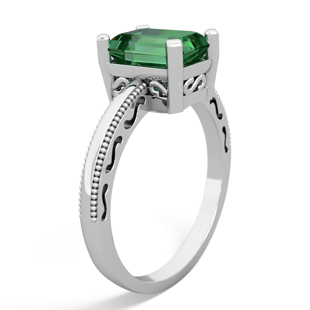 Lab Emerald Milgrain Scroll 14K White Gold ring R2338