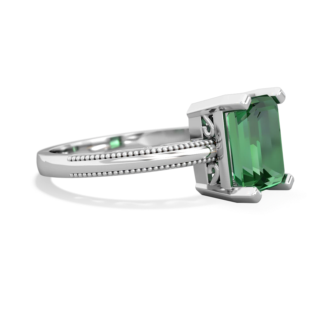 Lab Emerald Milgrain Scroll 14K White Gold ring R2338