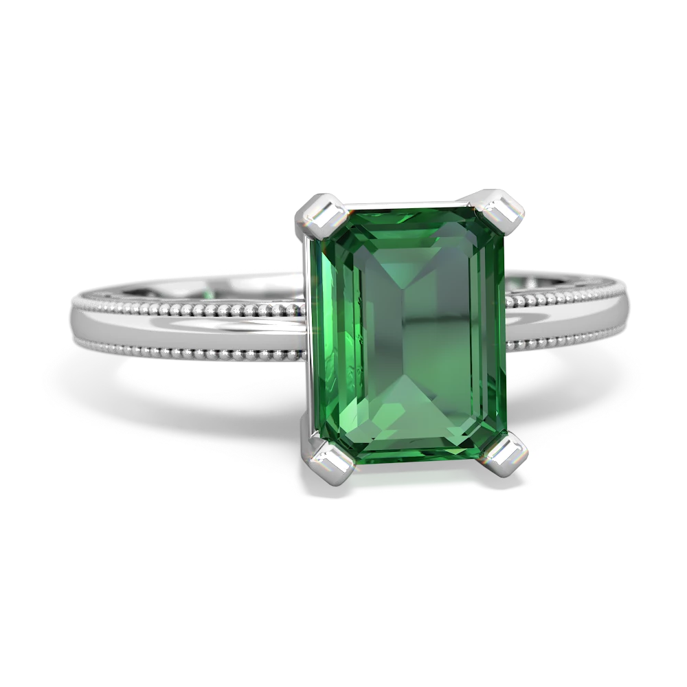 Lab Emerald Milgrain Scroll 14K White Gold ring R2338