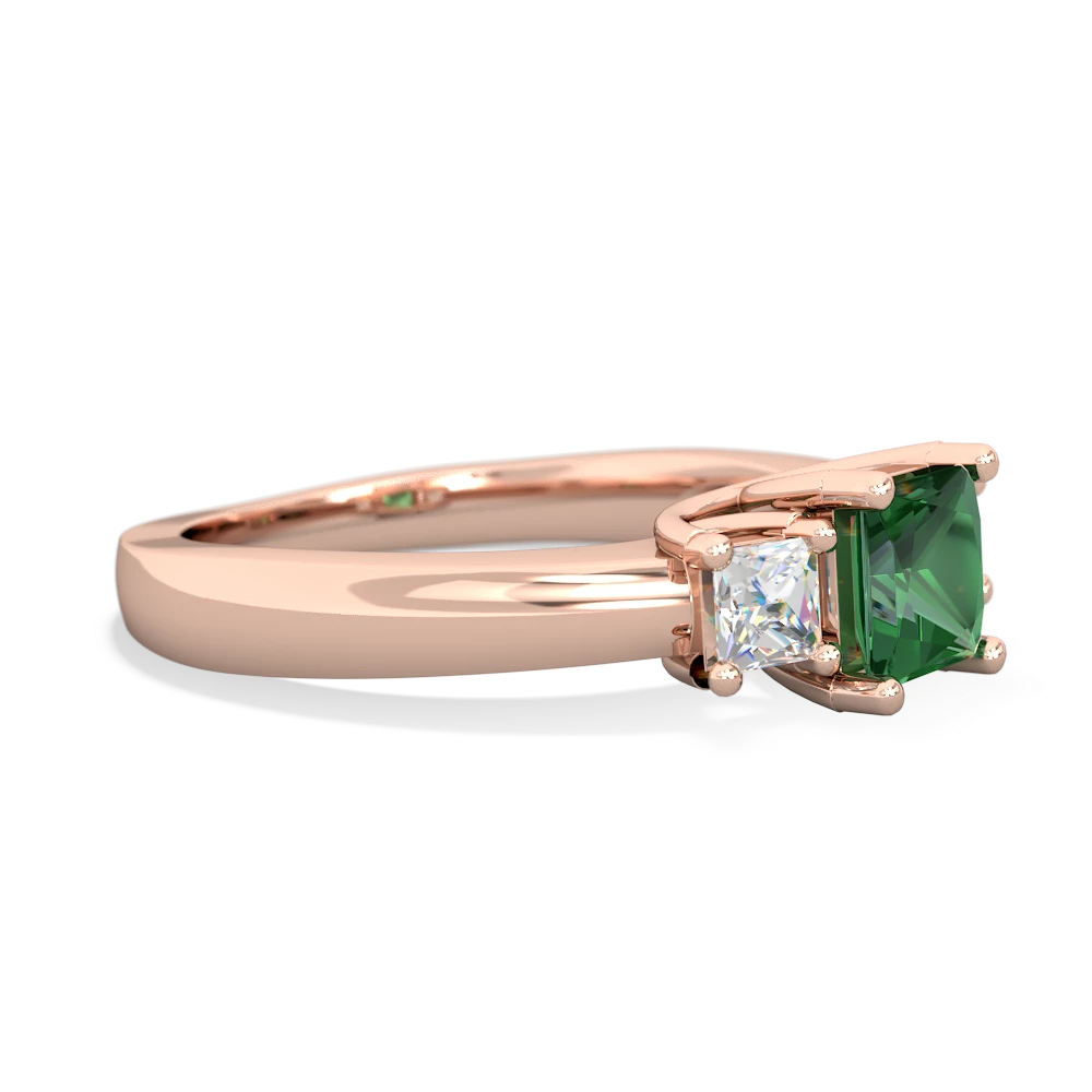 Lab Emerald Three Stone Trellis 14K Rose Gold ring R4015