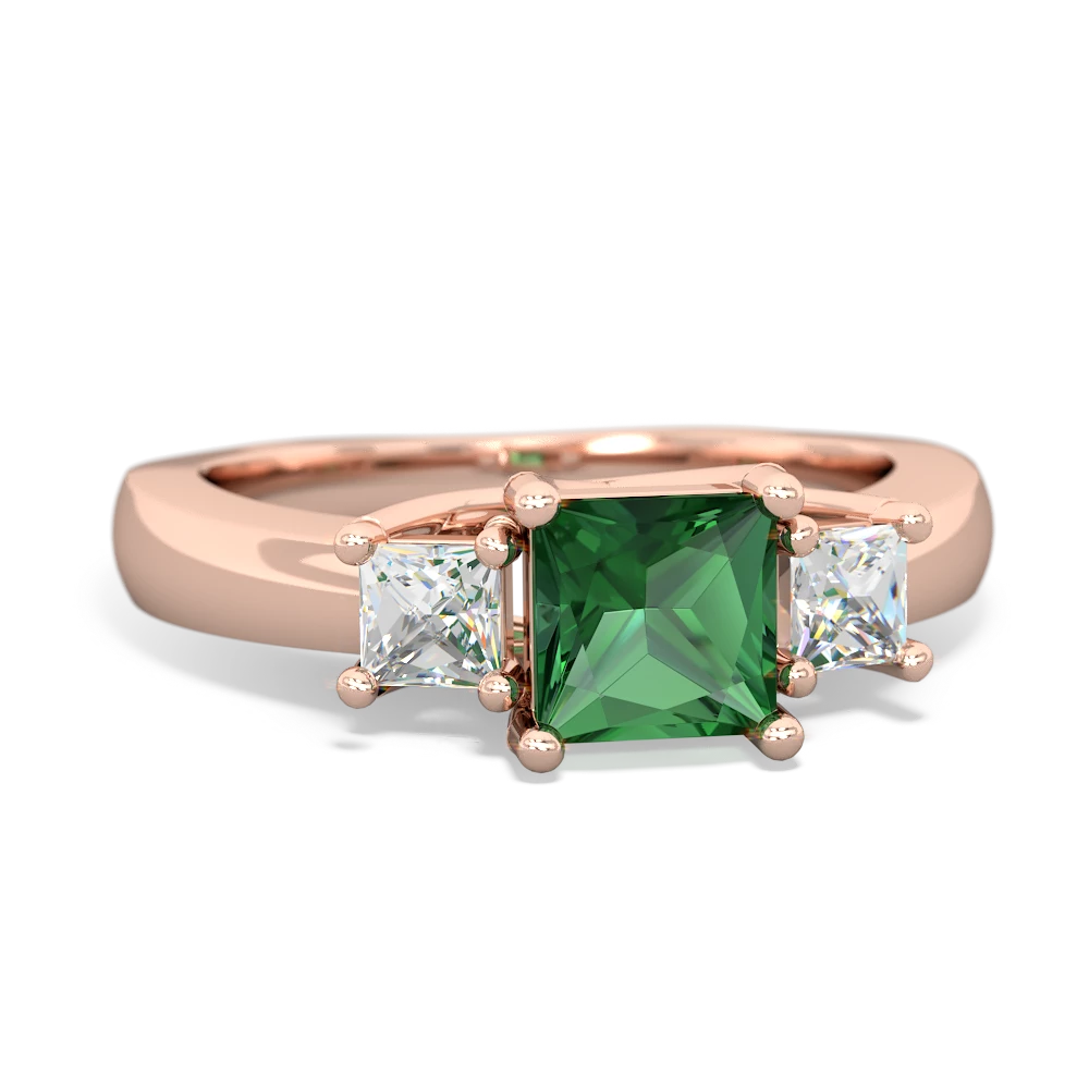 Lab Emerald Three Stone Trellis 14K Rose Gold ring R4015