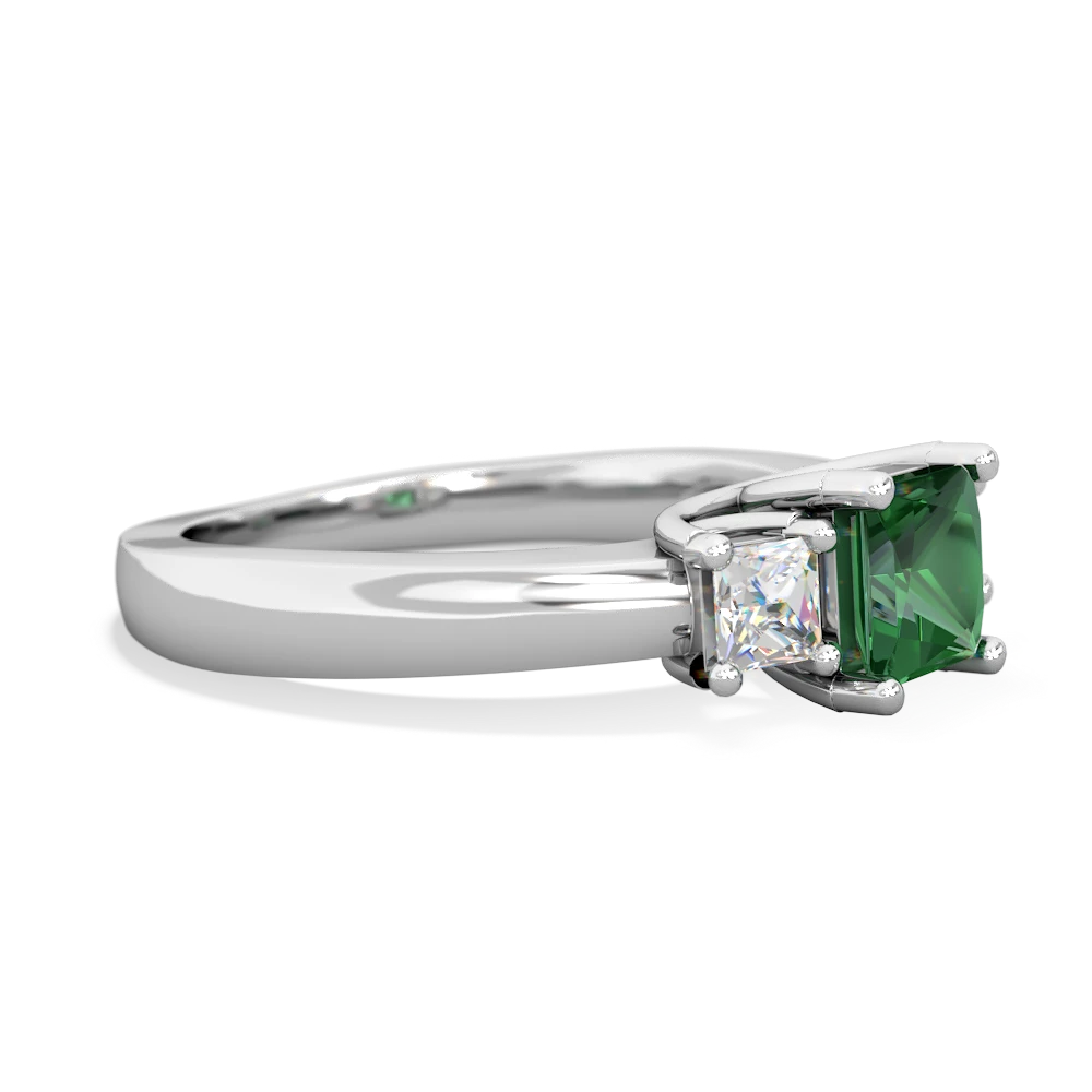 Lab Emerald Three Stone Trellis 14K White Gold ring R4015