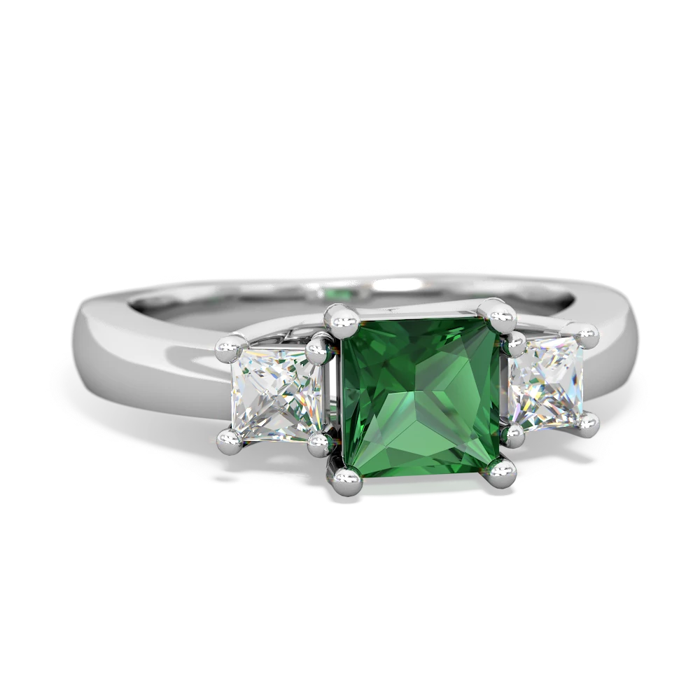 Lab Emerald Three Stone Trellis 14K White Gold ring R4015