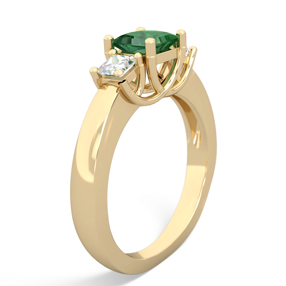 Lab Emerald Three Stone Trellis 14K Yellow Gold ring R4015