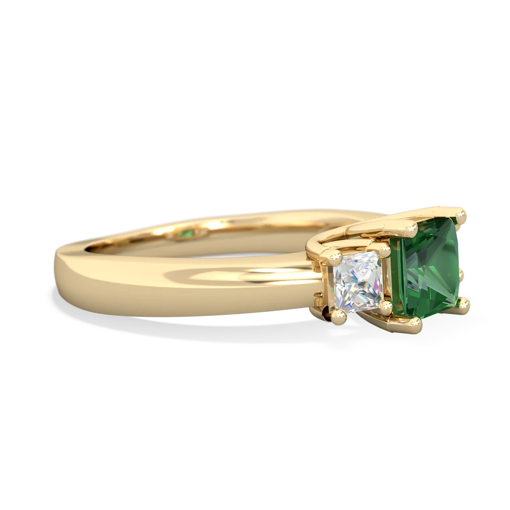 Lab Emerald Three Stone Trellis 14K Yellow Gold ring R4015