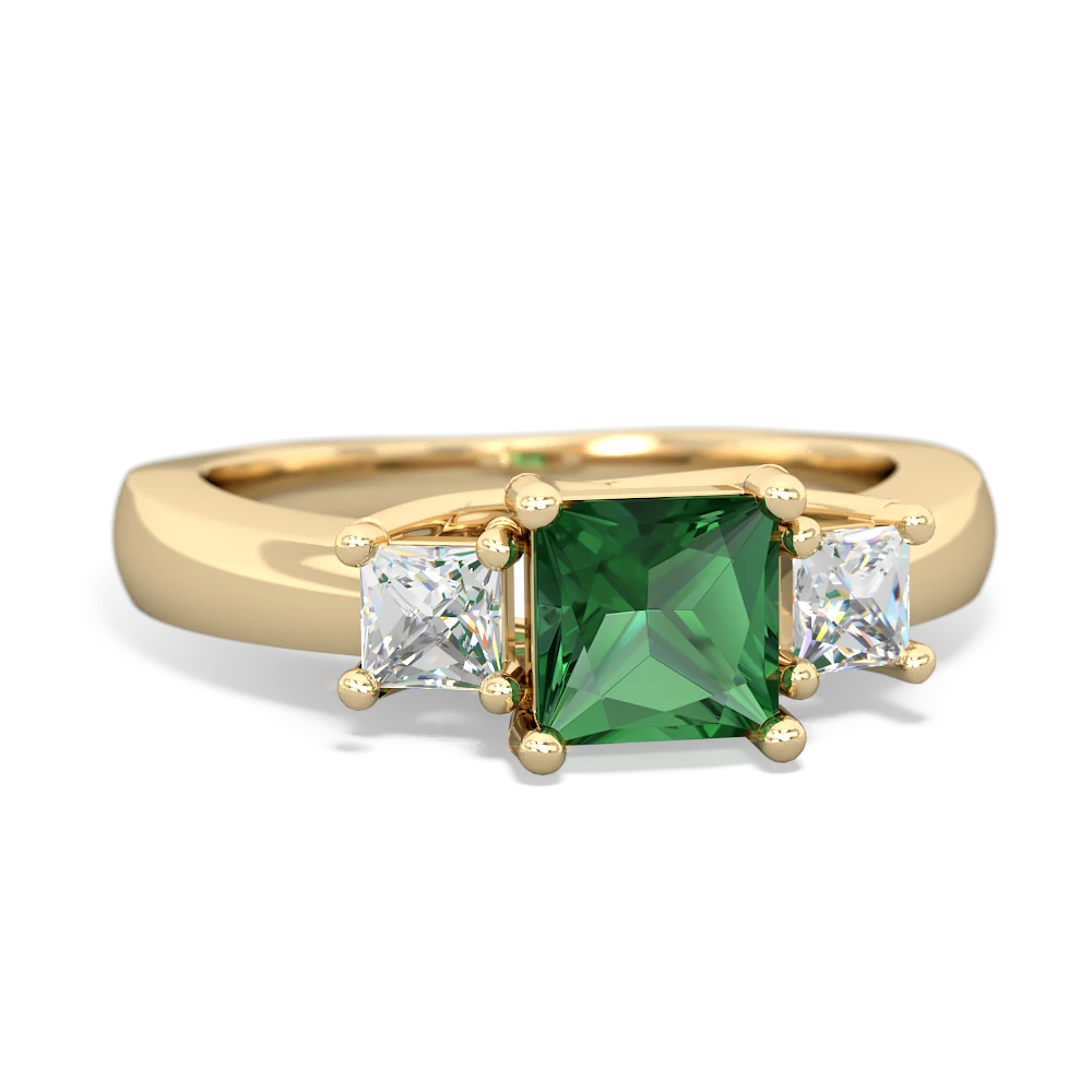 Lab Emerald Three Stone Trellis 14K Yellow Gold ring R4015