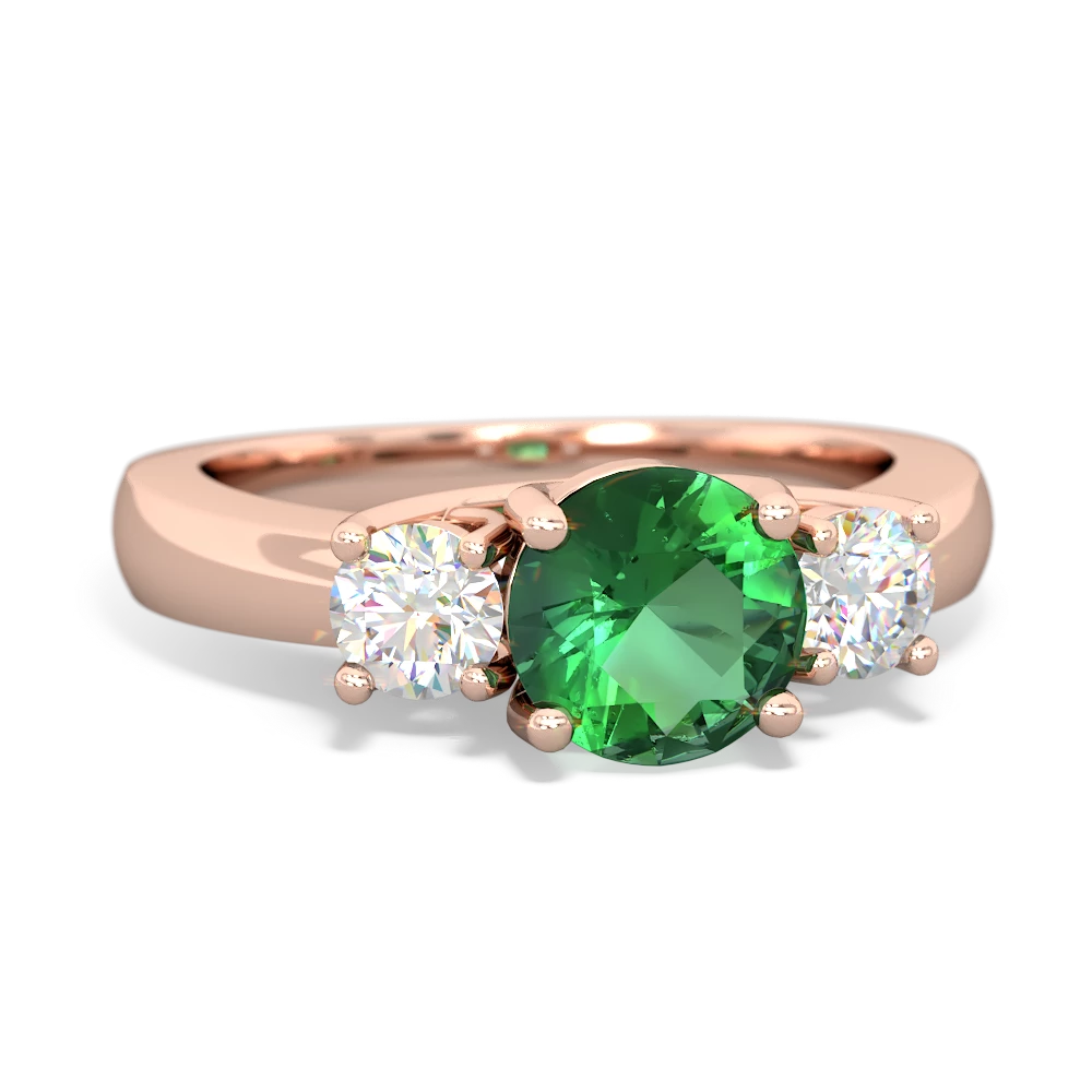 Lab Emerald Diamond Three Stone Round Trellis 14K Rose Gold ring R4018