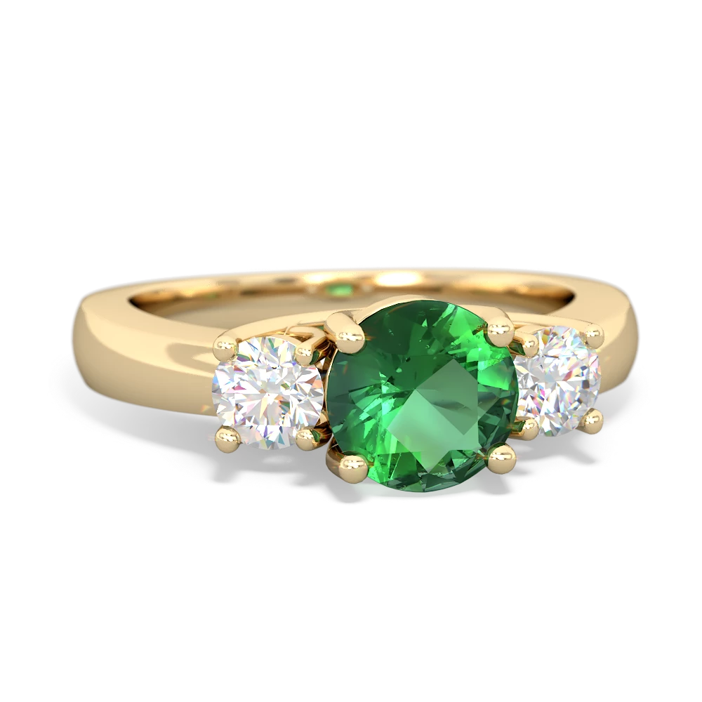 Lab Emerald Diamond Three Stone Round Trellis 14K Yellow Gold ring R4018