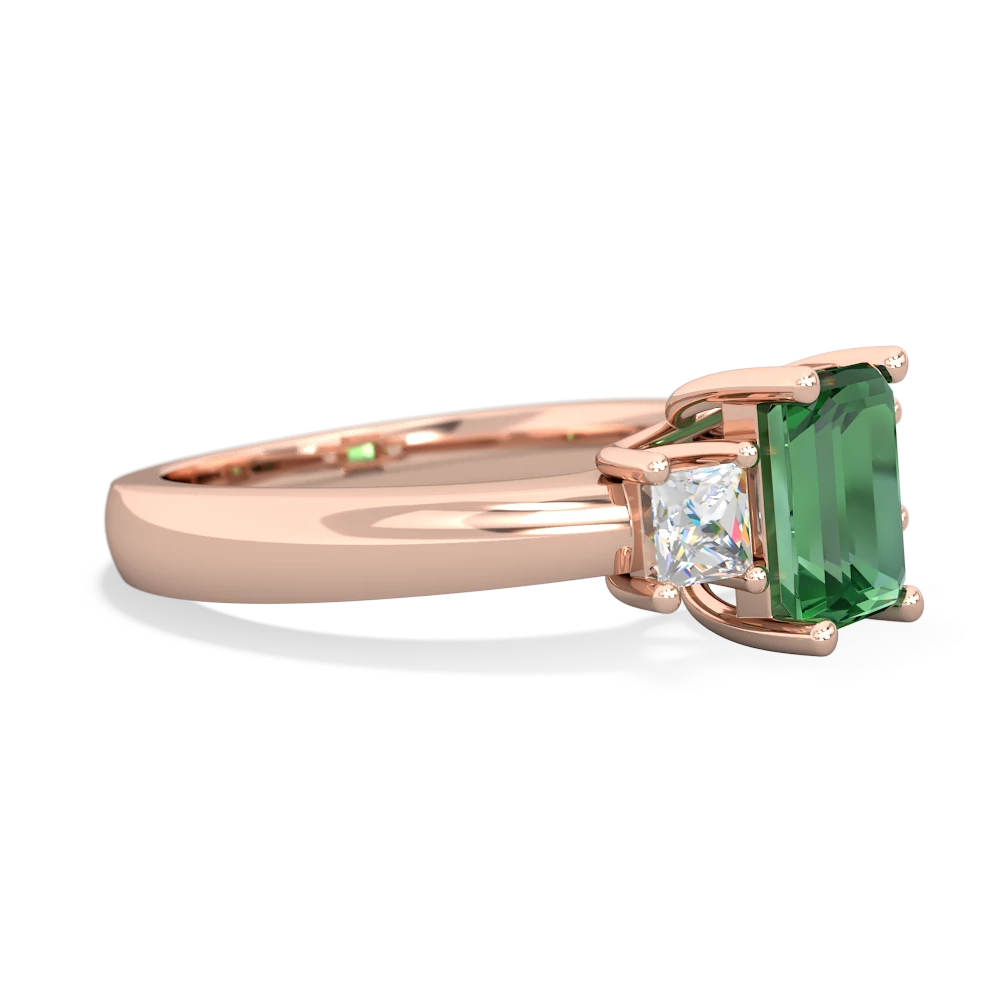 Lab Emerald Diamond Three Stone Emerald-Cut Trellis 14K Rose Gold ring R4021