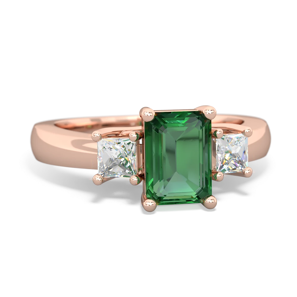 Lab Emerald Diamond Three Stone Emerald-Cut Trellis 14K Rose Gold ring R4021