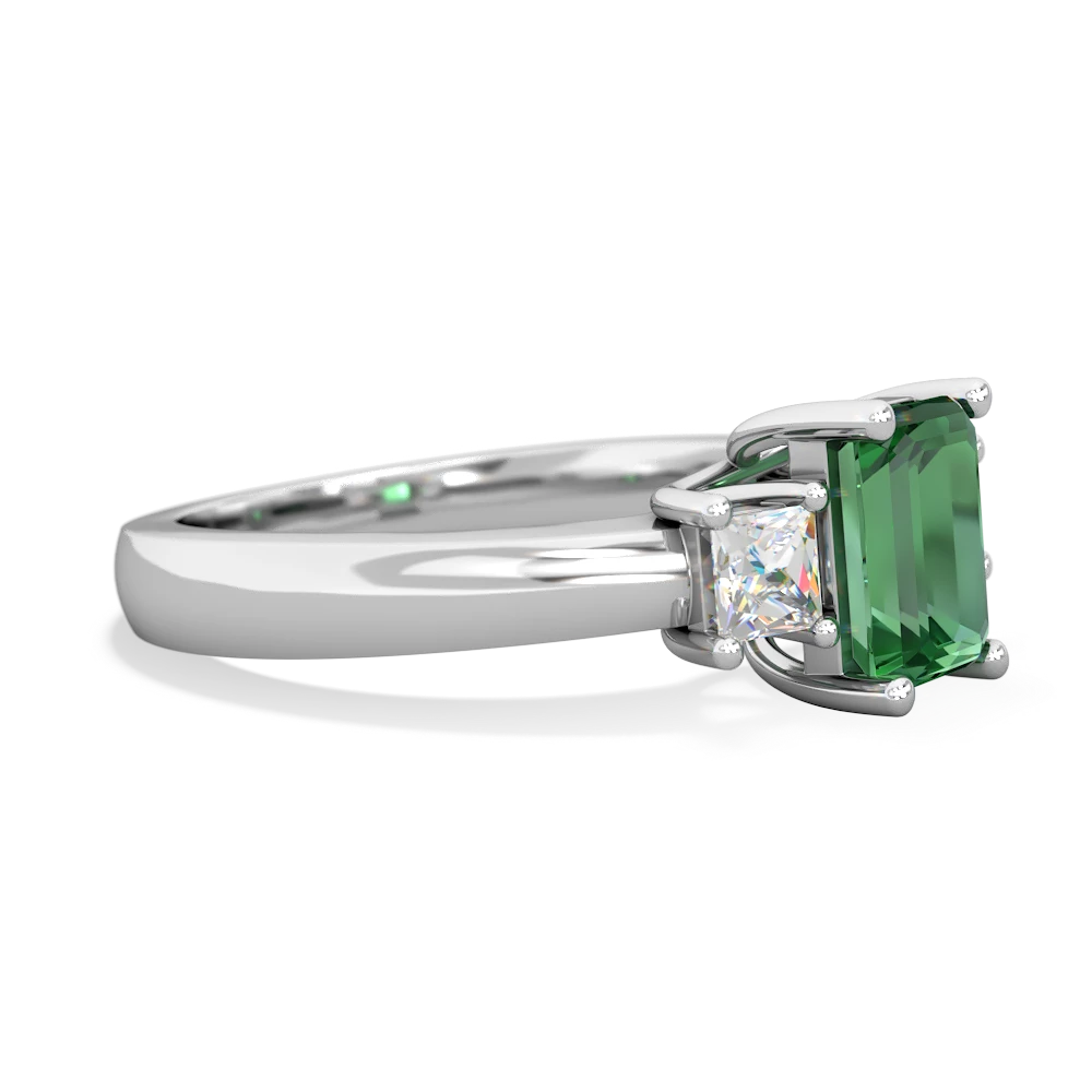 Lab Emerald Diamond Three Stone Emerald-Cut Trellis 14K White Gold ring R4021