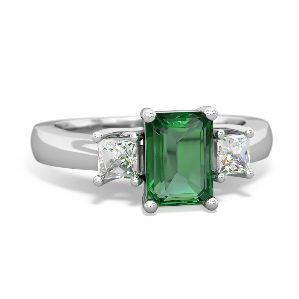 Lab Emerald Diamond Three Stone Emerald-Cut Trellis 14K White Gold ring R4021