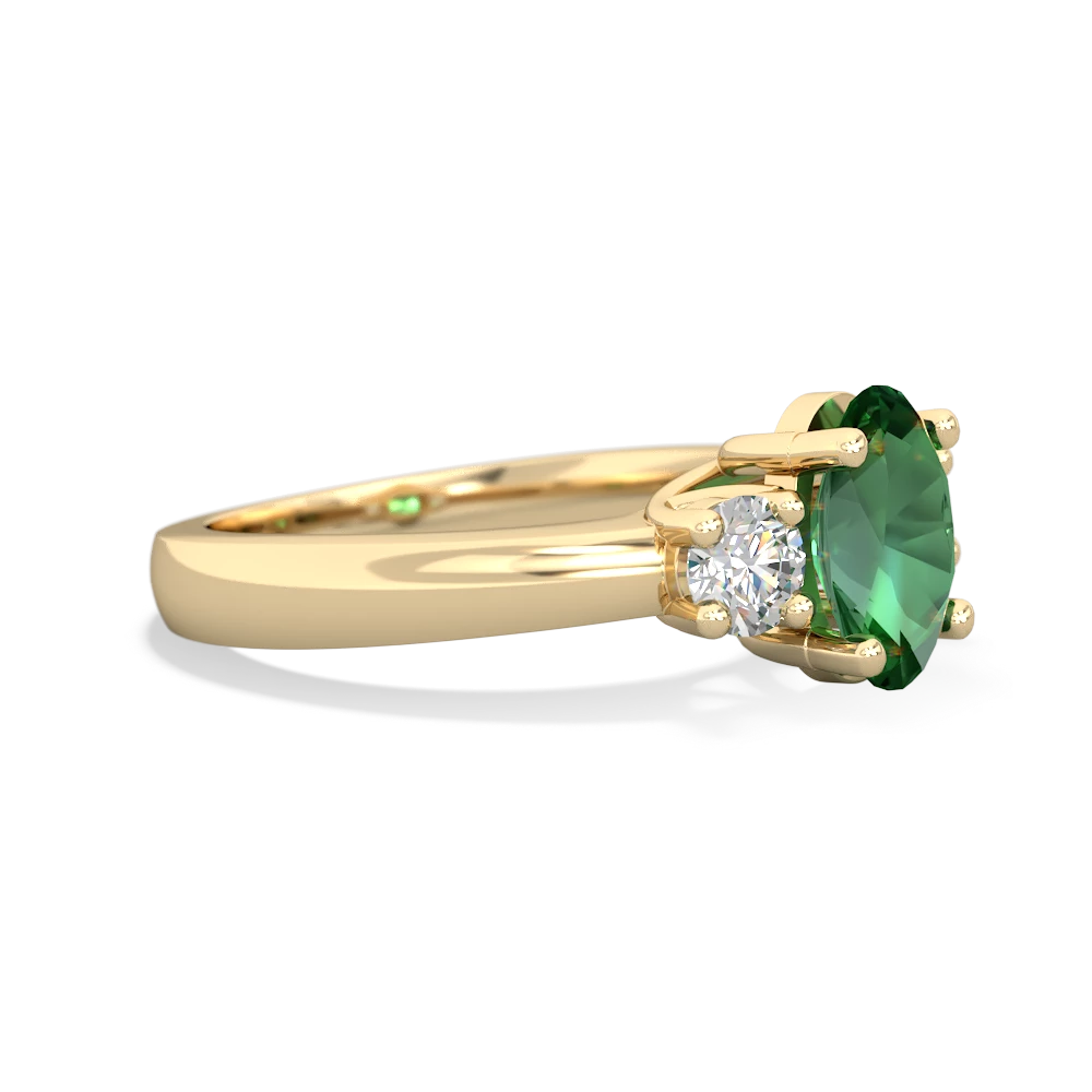 Lab Emerald Three Stone Trellis 14K Yellow Gold ring R4024