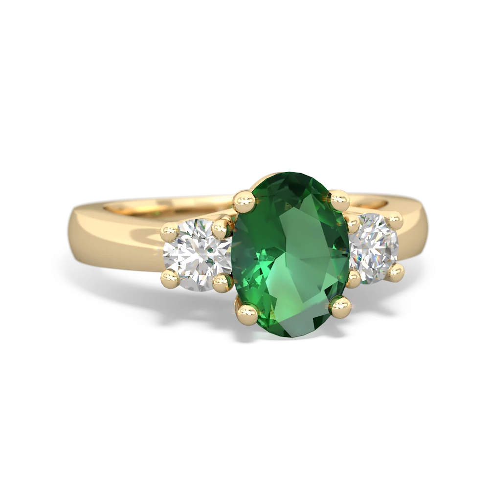 Lab Emerald Three Stone Trellis 14K Yellow Gold ring R4024
