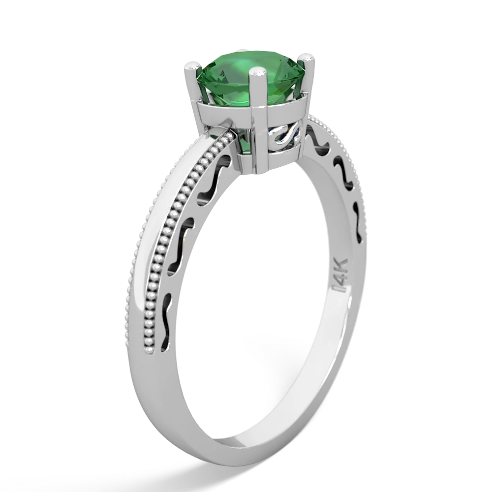 Lab Emerald Milgrain Filigree 14K White Gold ring R5090