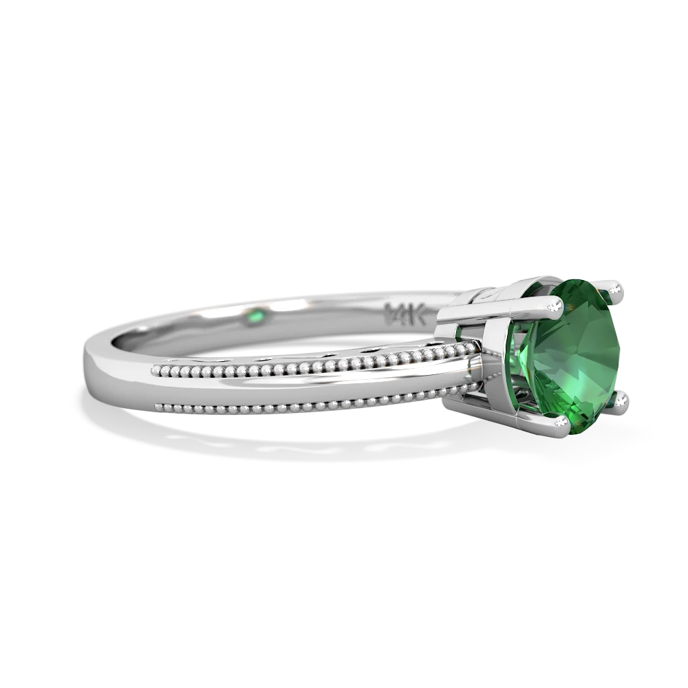 Lab Emerald Milgrain Filigree 14K White Gold ring R5090