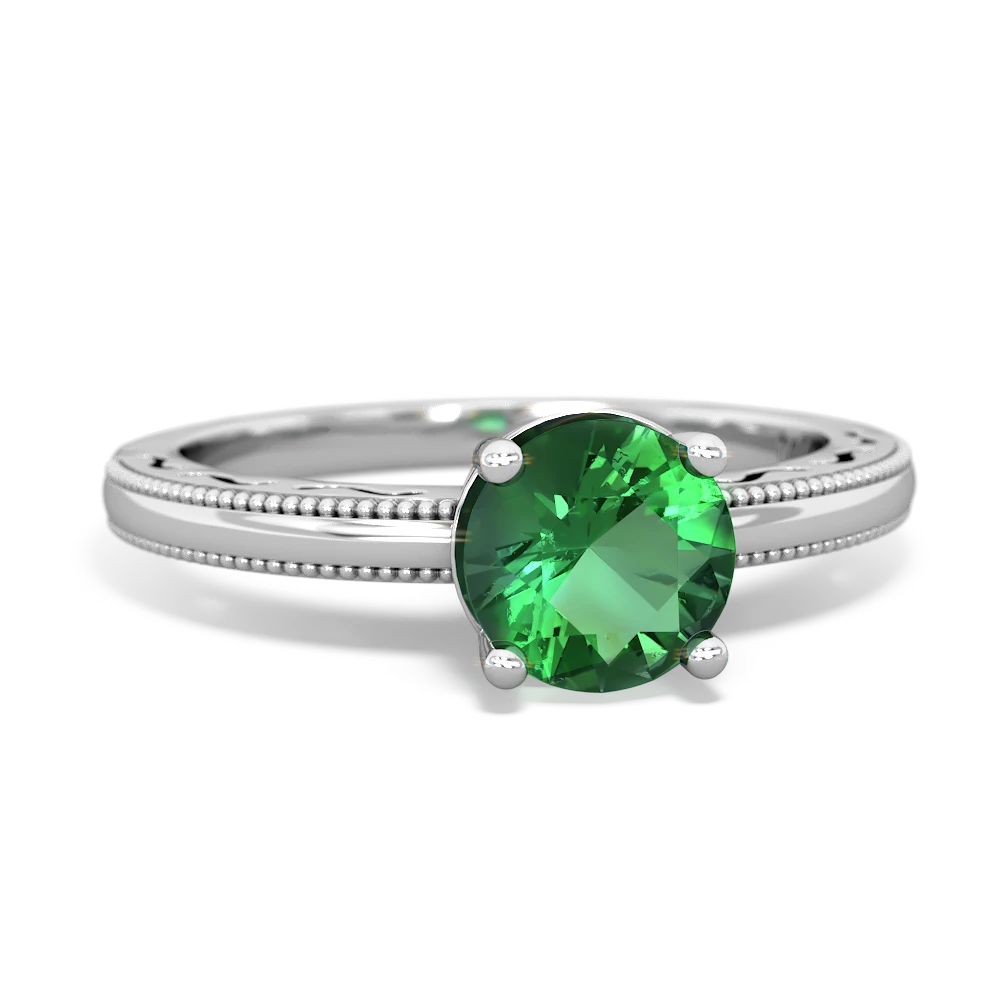 Lab Emerald Milgrain Filigree 14K White Gold ring R5090