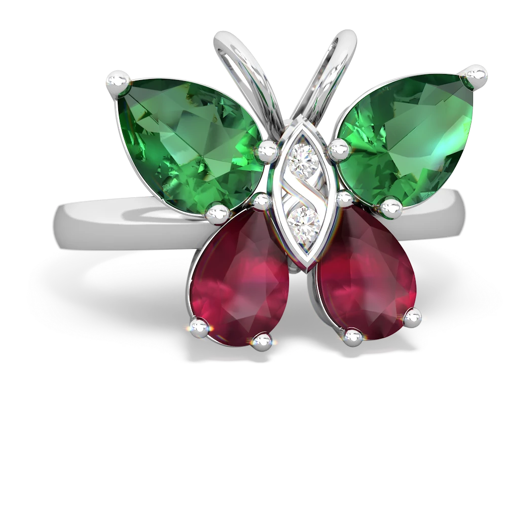 Lab Emerald Butterfly 14K White Gold ring R2215