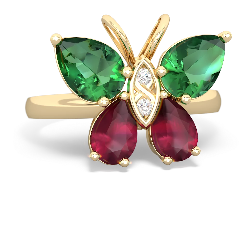 Lab Emerald Butterfly 14K Yellow Gold ring R2215