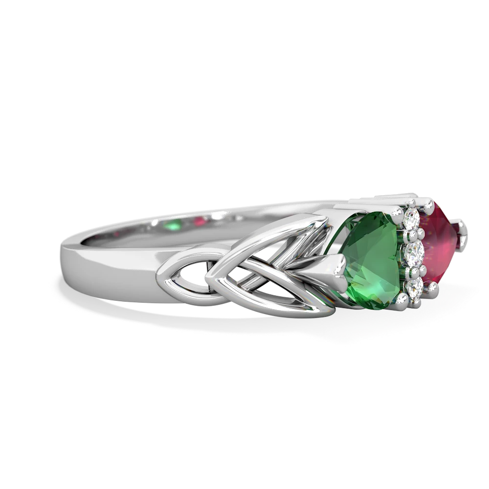 Lab Emerald Celtic Knot Double Heart 14K White Gold ring R5040