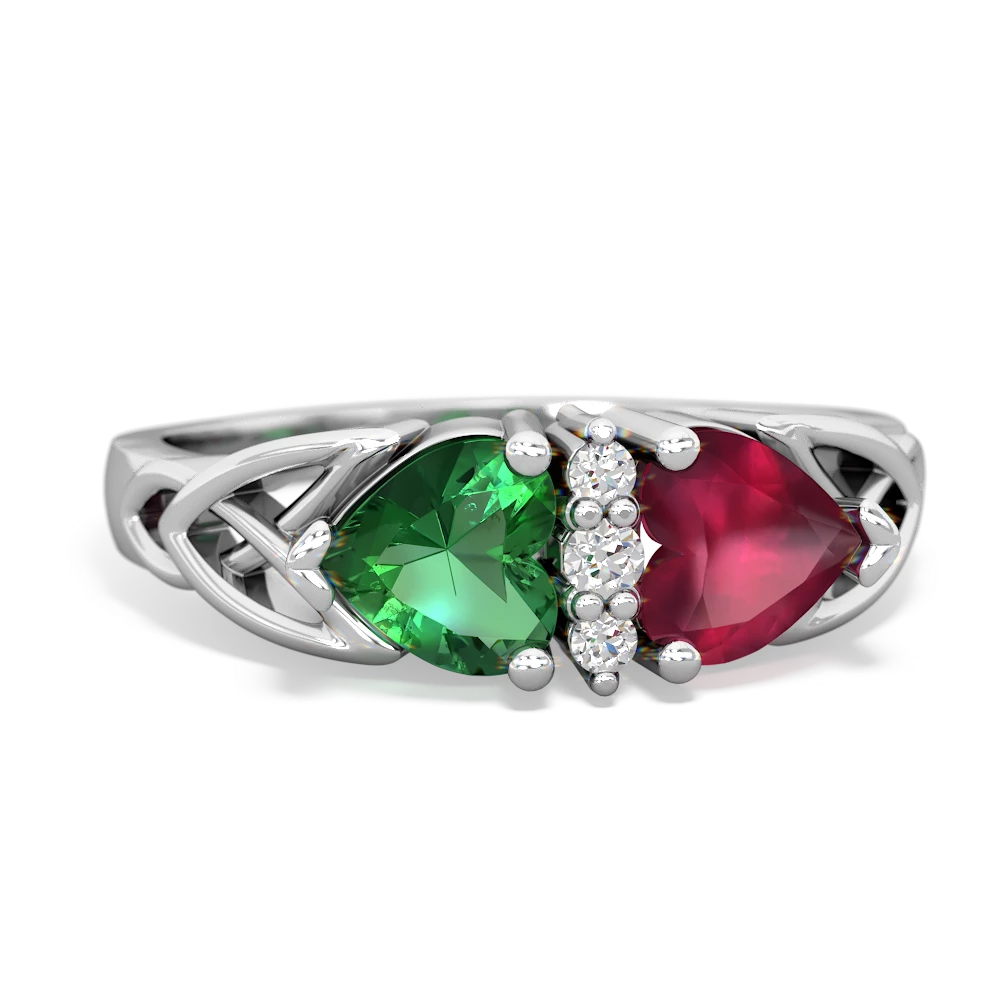 Lab Emerald Celtic Knot Double Heart 14K White Gold ring R5040