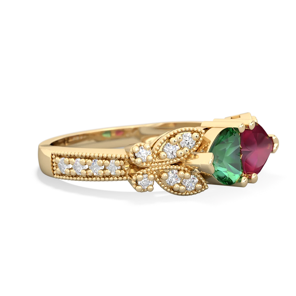 Lab Emerald Diamond Butterflies 14K Yellow Gold ring R5601