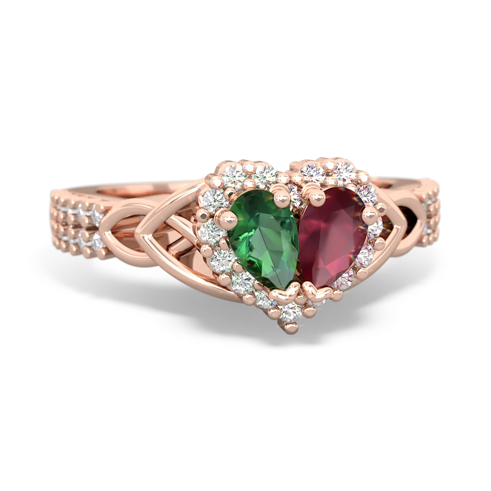 Lab Emerald Celtic Knot Two Hearts As One 14K Rose Gold ring R2644HRT