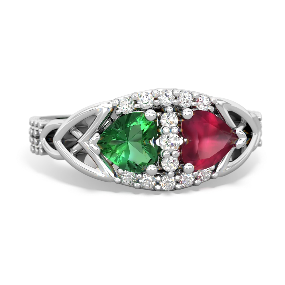 Lab Emerald Sparkling Celtic Knot 14K White Gold ring R2645