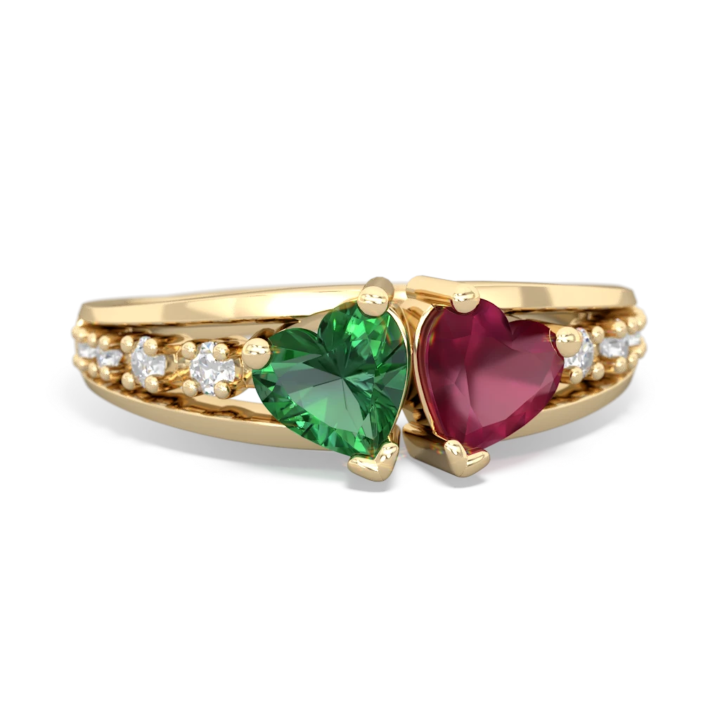 Lab Emerald Heart To Heart 14K Yellow Gold ring R3342