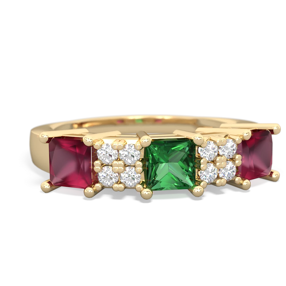 Lab Emerald Three Stone Diamond Cluster 14K Yellow Gold ring R2592