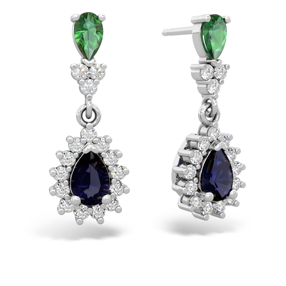 Lab Emerald Halo Pear Dangle 14K White Gold earrings E1882