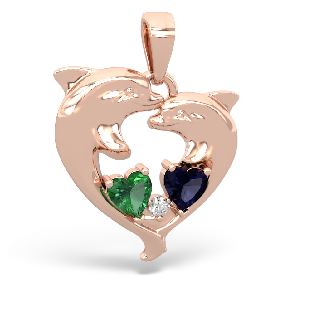 Lab Emerald Dolphin Heart 14K Rose Gold pendant P5820