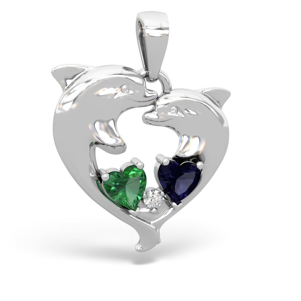 Lab Emerald Dolphin Heart 14K White Gold pendant P5820