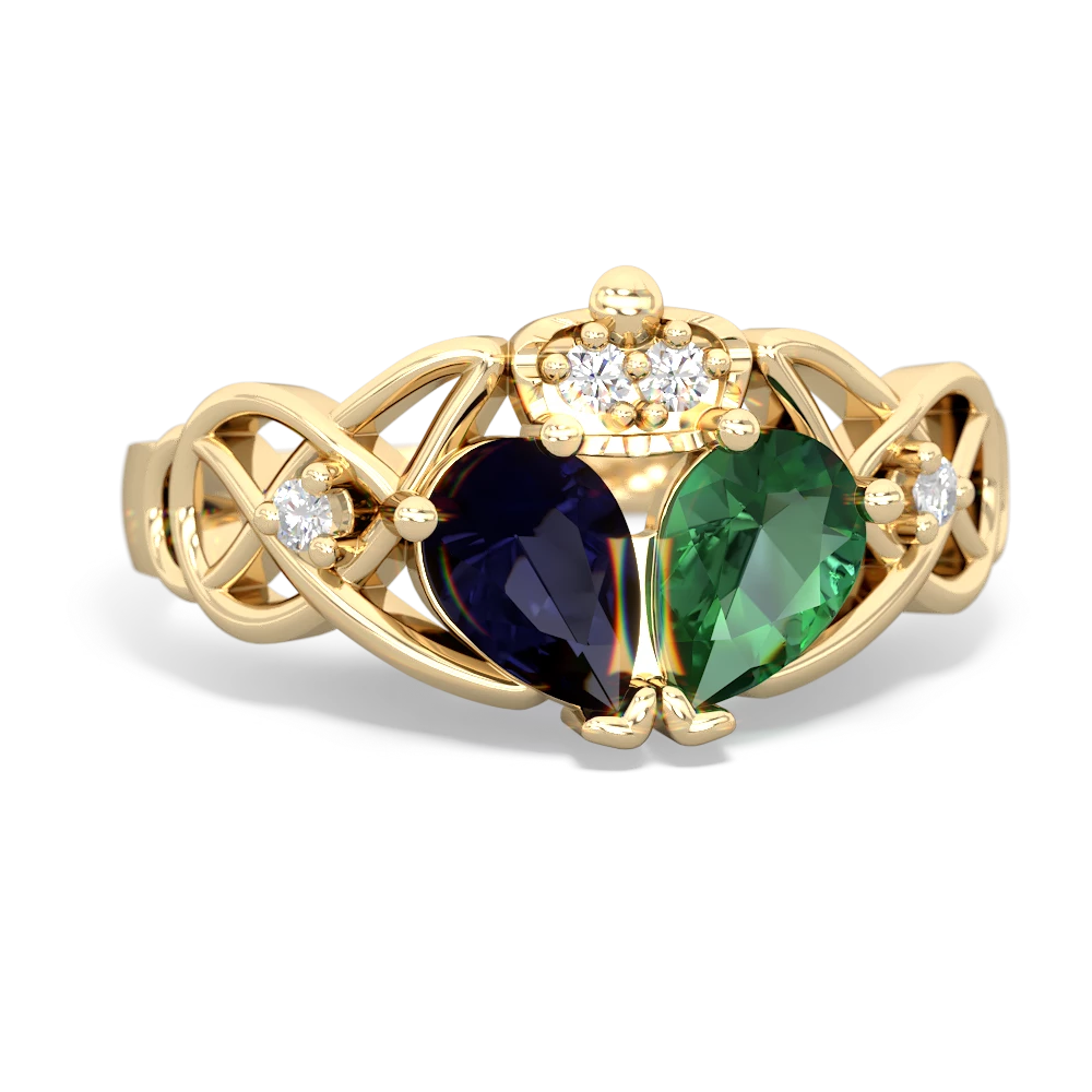 Lab Emerald 'One Heart' Celtic Knot Claddagh 14K Yellow Gold ring R5322