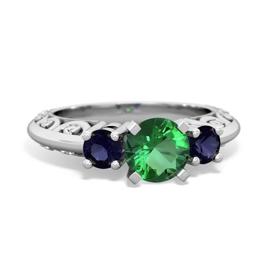 Lab Emerald Art Deco Eternal Embrace Engagement 14K White Gold ring C2003