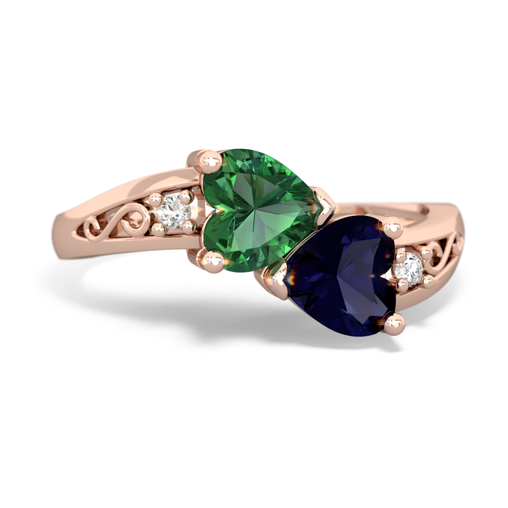 Lab Emerald Snuggling Hearts 14K Rose Gold ring R2178