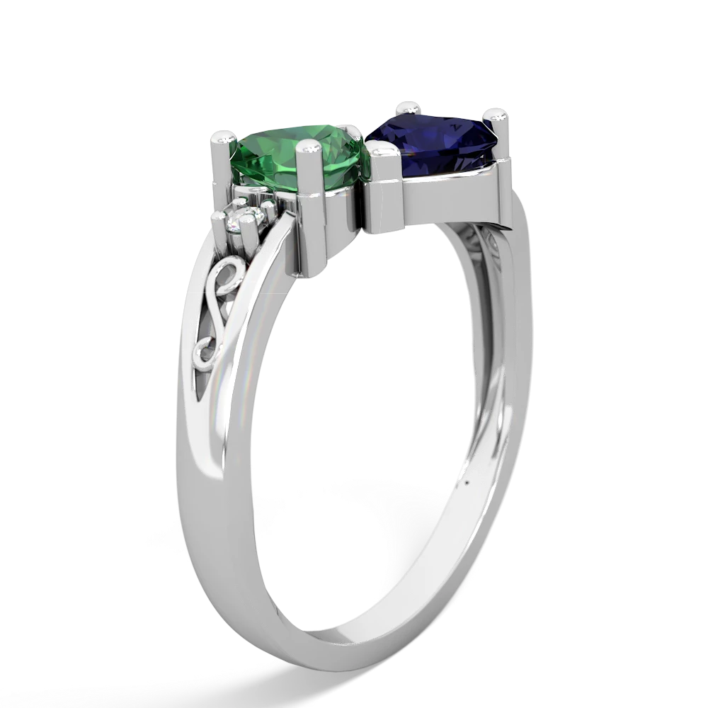 Lab Emerald Snuggling Hearts 14K White Gold ring R2178