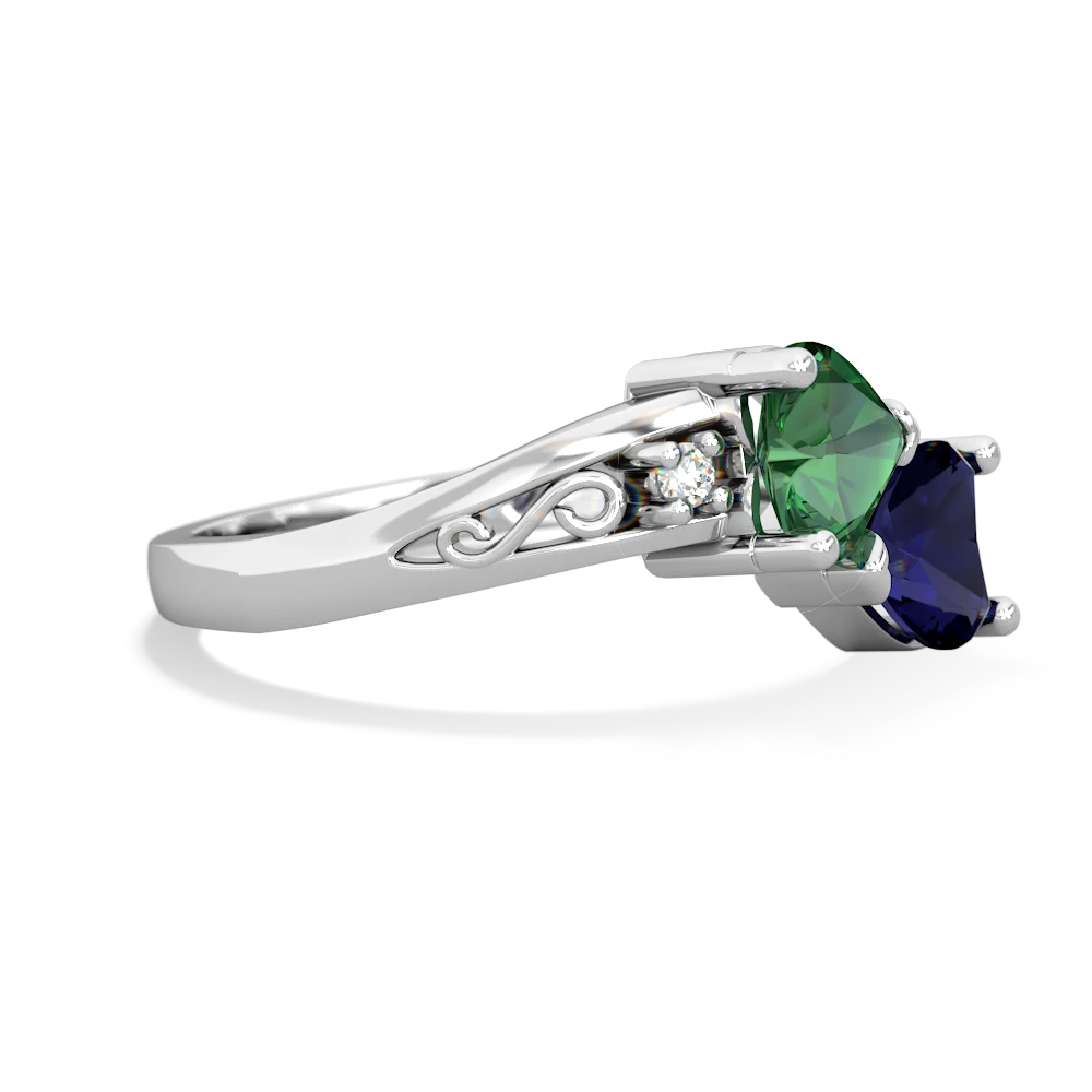 Lab Emerald Snuggling Hearts 14K White Gold ring R2178