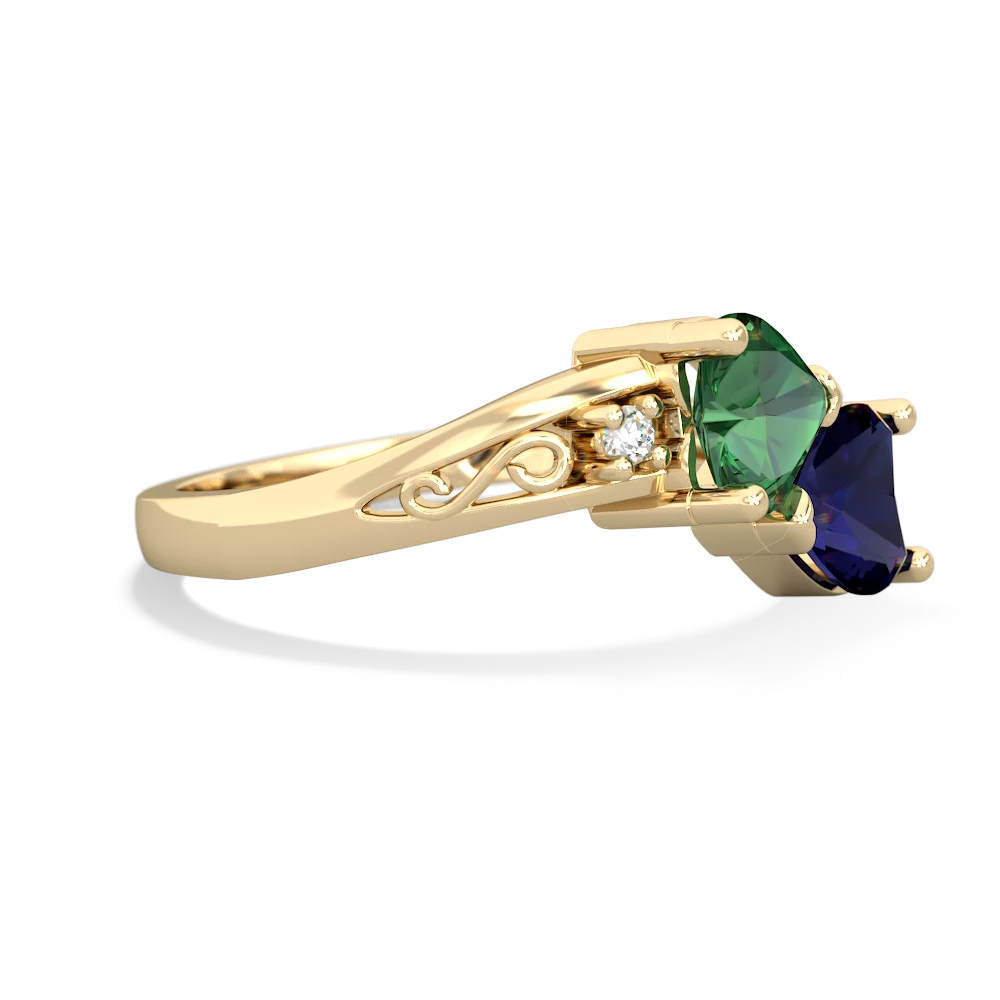 Lab Emerald Snuggling Hearts 14K Yellow Gold ring R2178