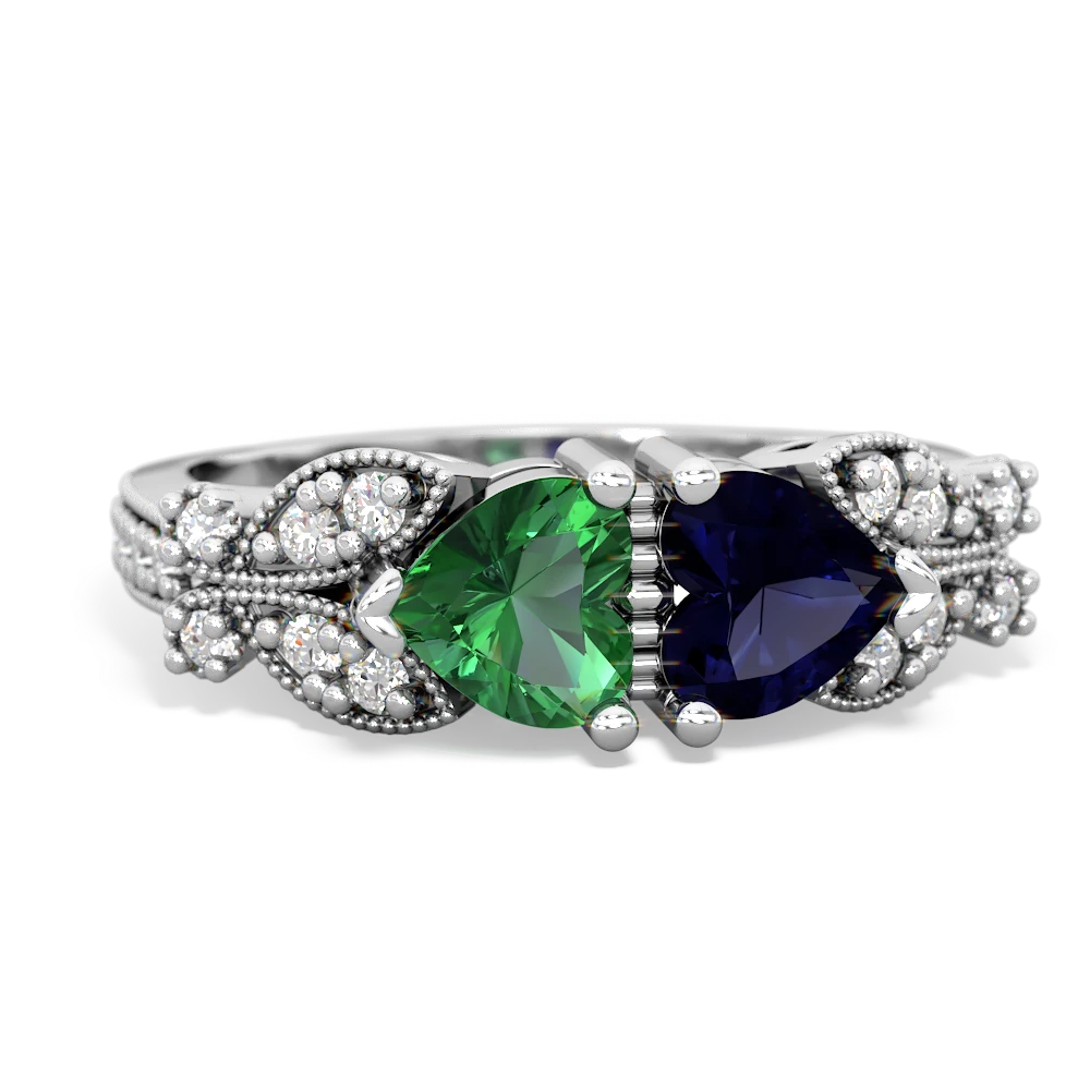 Lab Emerald Diamond Butterflies 14K White Gold ring R5601