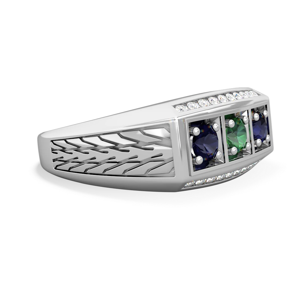 Lab Emerald Three Stone Tire Tread Men's 14K White Gold ring R0520