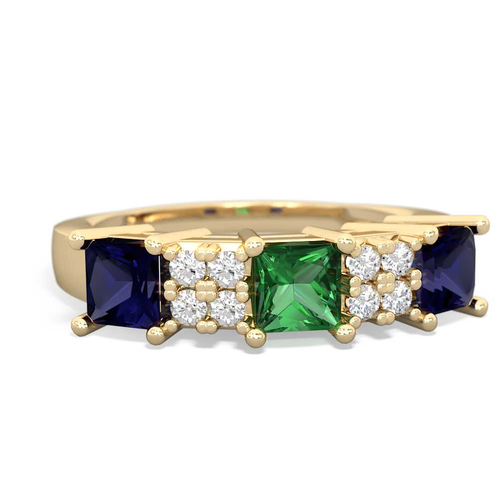 Lab Emerald Three Stone Diamond Cluster 14K Yellow Gold ring R2592
