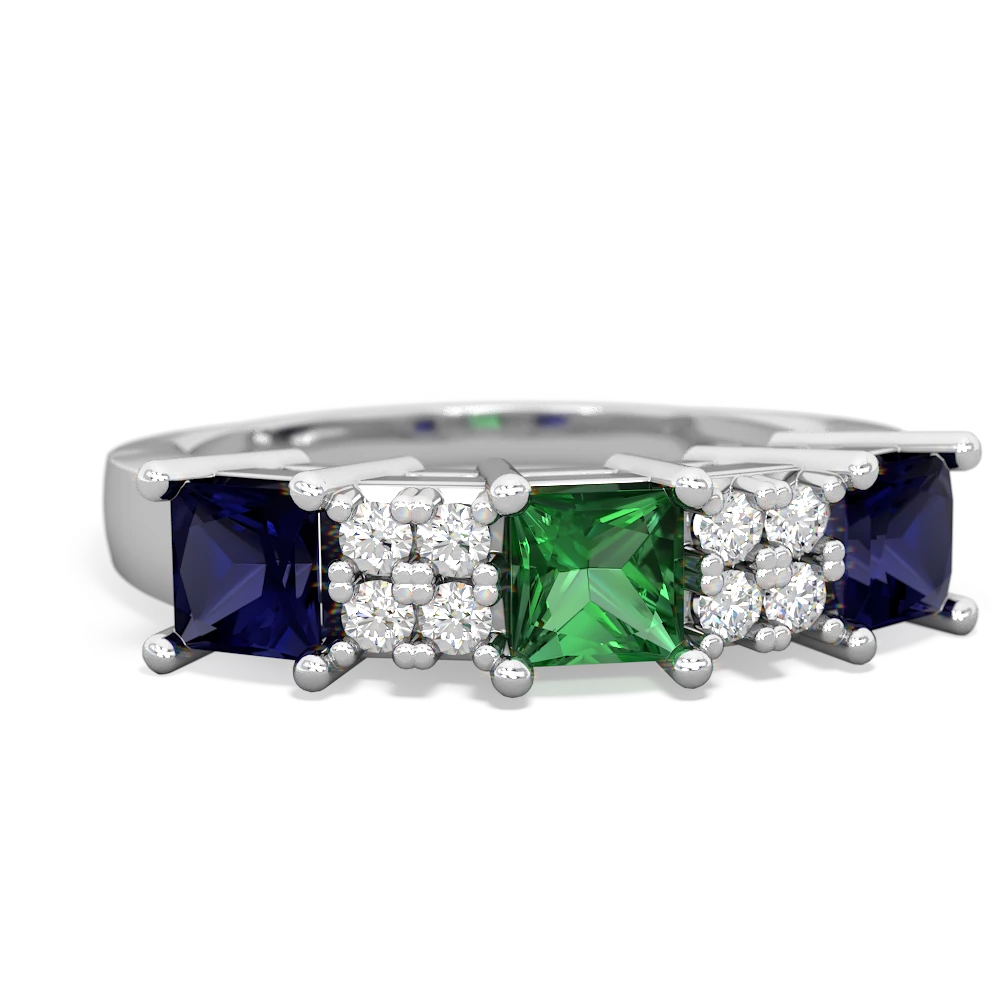 Lab Emerald Three Stone Diamond Cluster 14K White Gold ring R2592