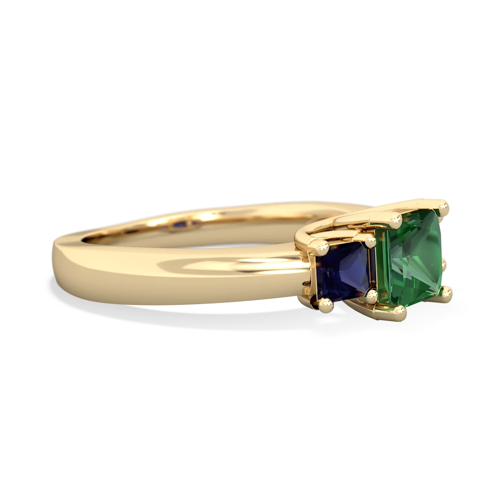 Lab Emerald Three Stone Trellis 14K Yellow Gold ring R4015