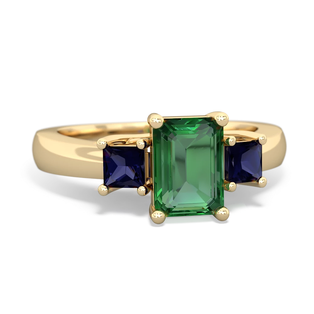 Lab Emerald Three Stone Emerald-Cut Trellis 14K Yellow Gold ring R4021