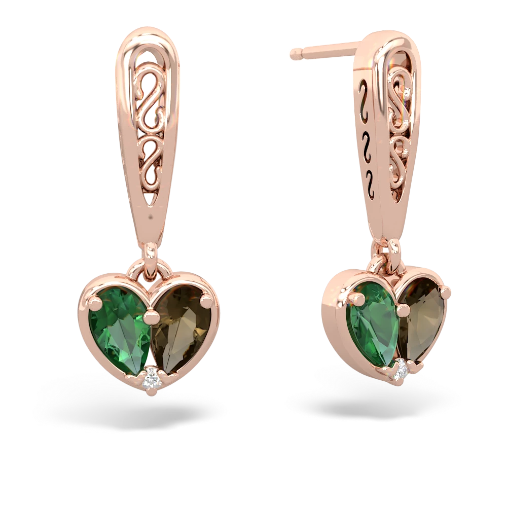 Lab Emerald Filligree Heart 14K Rose Gold earrings E5070