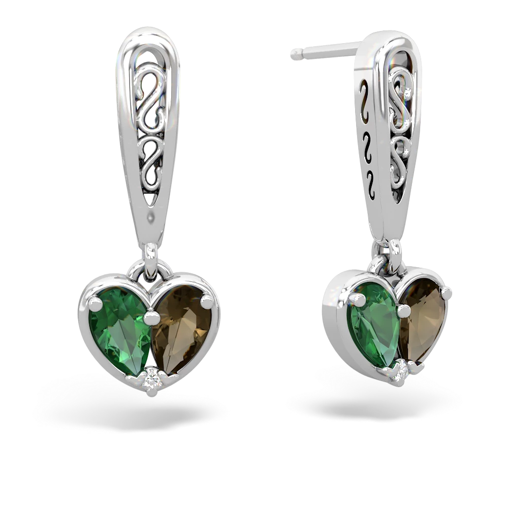 Lab Emerald Filligree Heart 14K White Gold earrings E5070