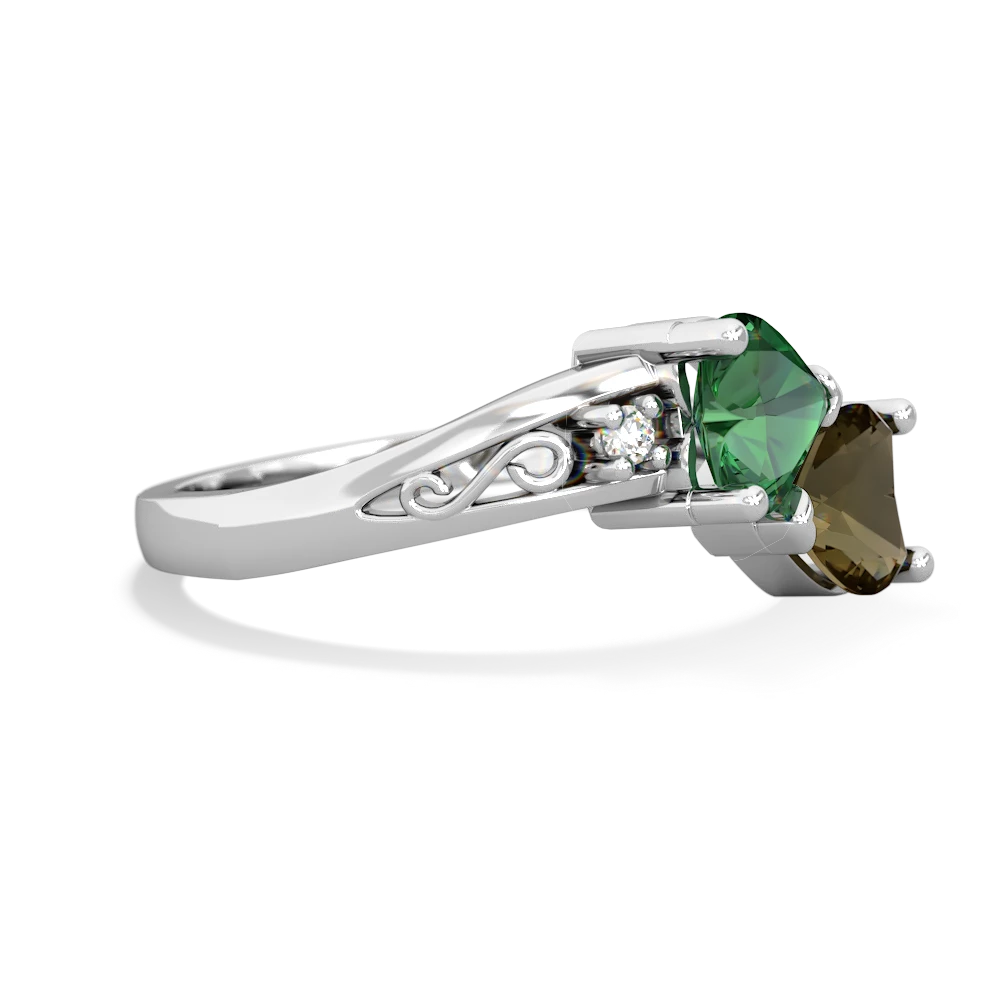 Lab Emerald Snuggling Hearts 14K White Gold ring R2178