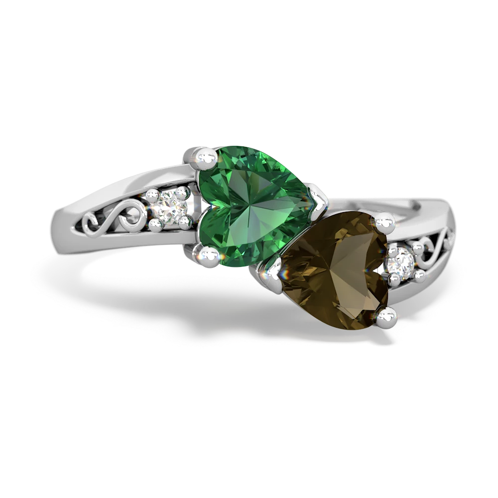 Lab Emerald Snuggling Hearts 14K White Gold ring R2178